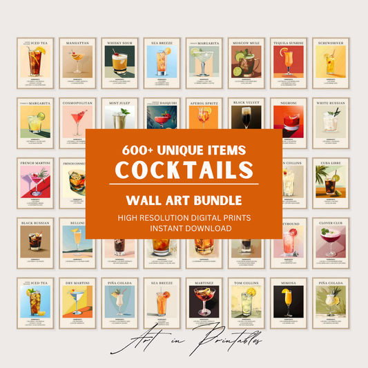 Collection of cocktail illustrations with a promotional banner for a wall art bundle.