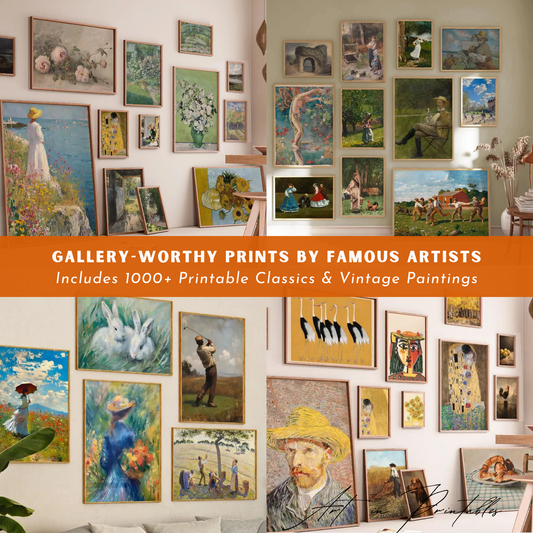 Wall with various framed paintings and a promotional banner for gallery-worthy prints by famous artists.