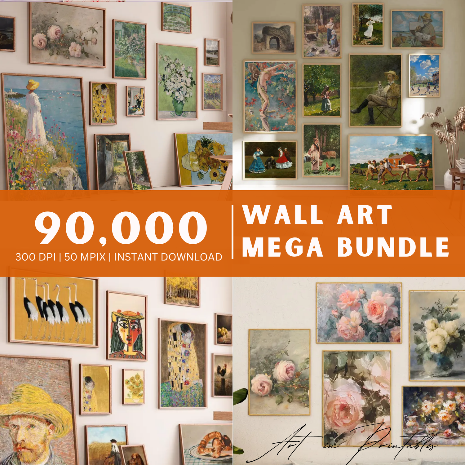 Collage of various wall art prints with promotional text for a wall art mega bundle.