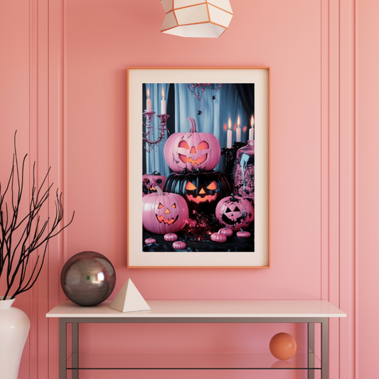 Framed Halloween-themed artwork with pink pumpkins on a pink wall.
