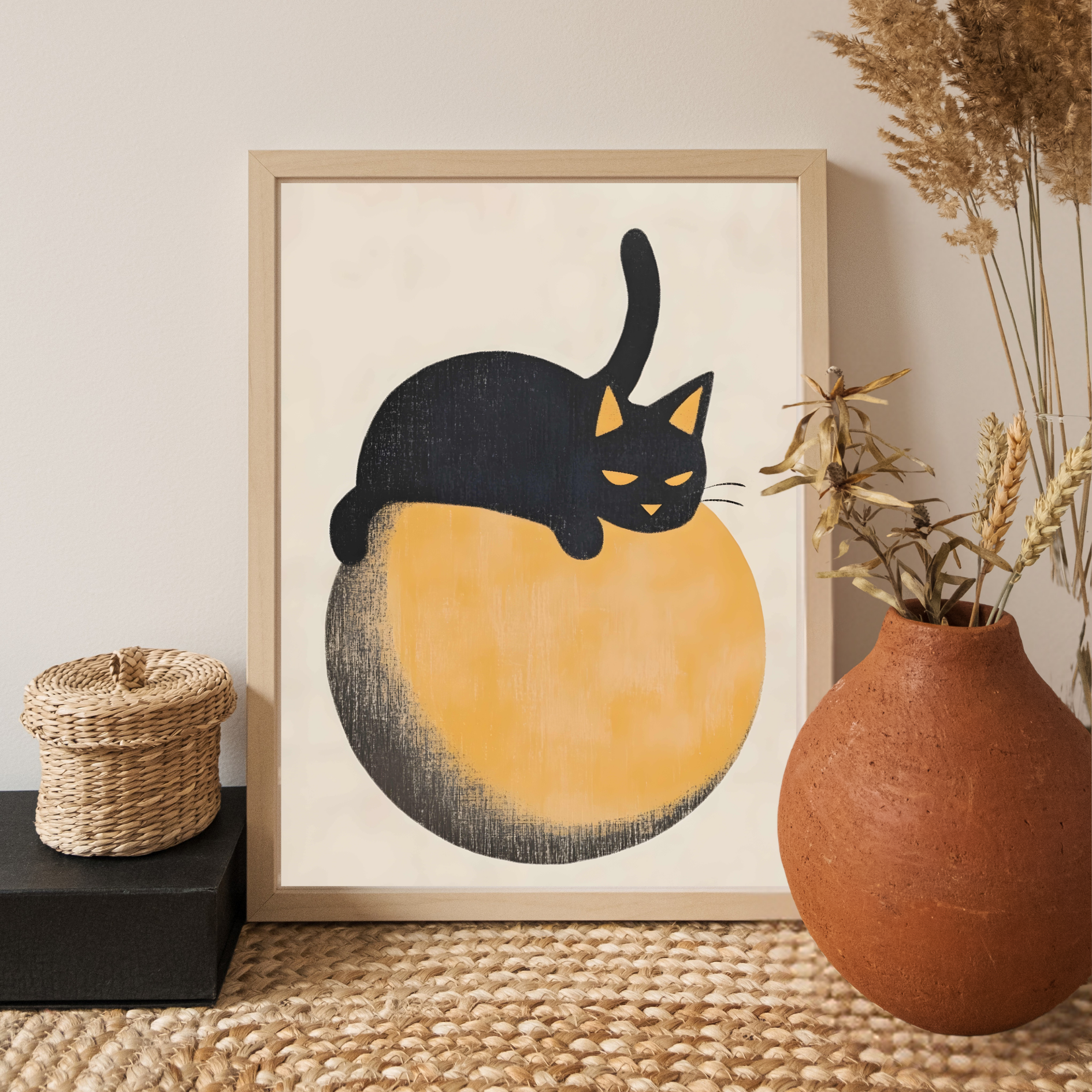 Framed artwork of a black cat on a yellow circle with a vase and basket in the background.