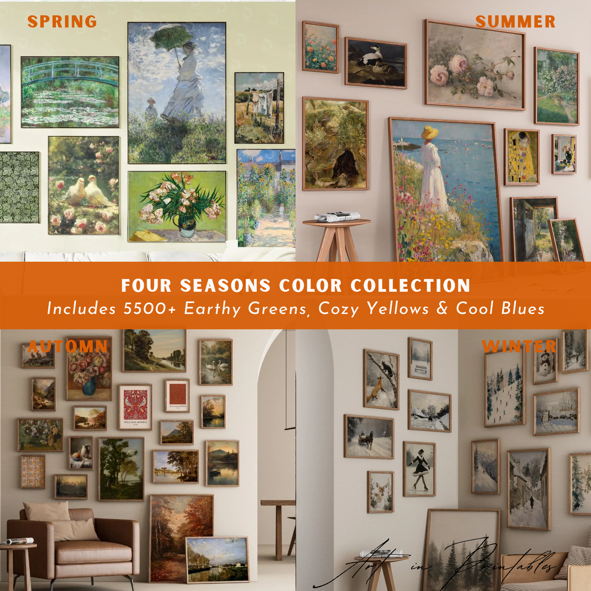 Wall art collection titled 'Four Seasons Color Collection' with various paintings on a wall.