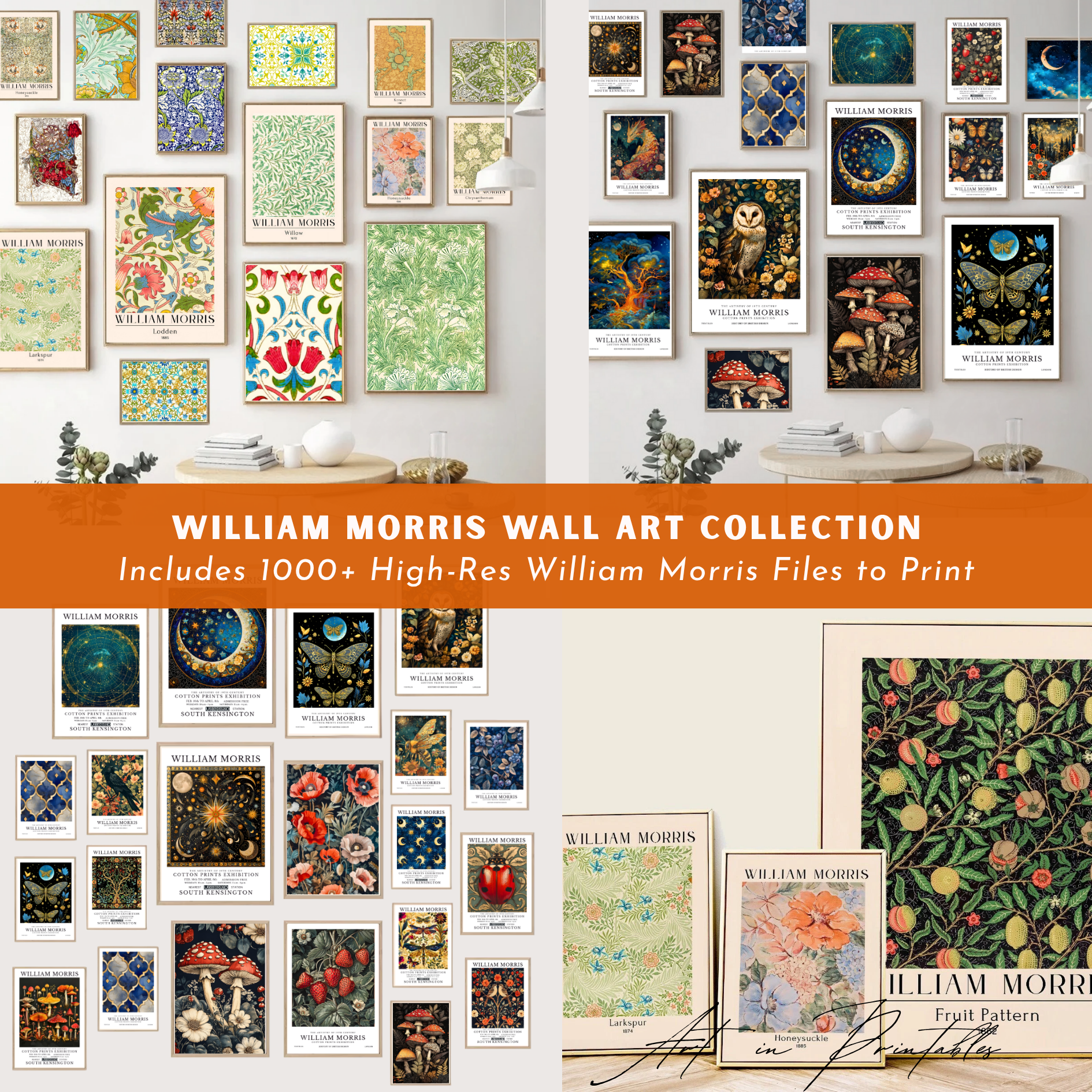 Collection of William Morris wall art prints displayed on a wall with an orange banner at the bottom.