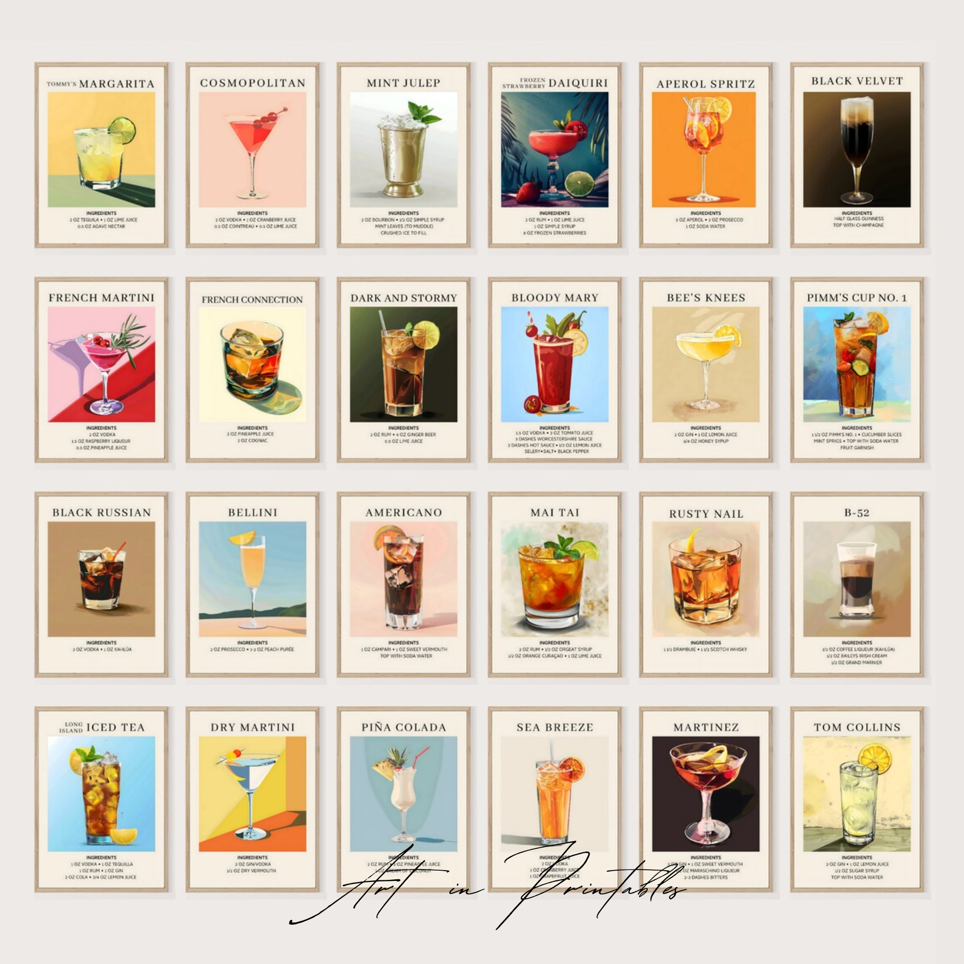 Grid of cocktail posters with various drinks and names
