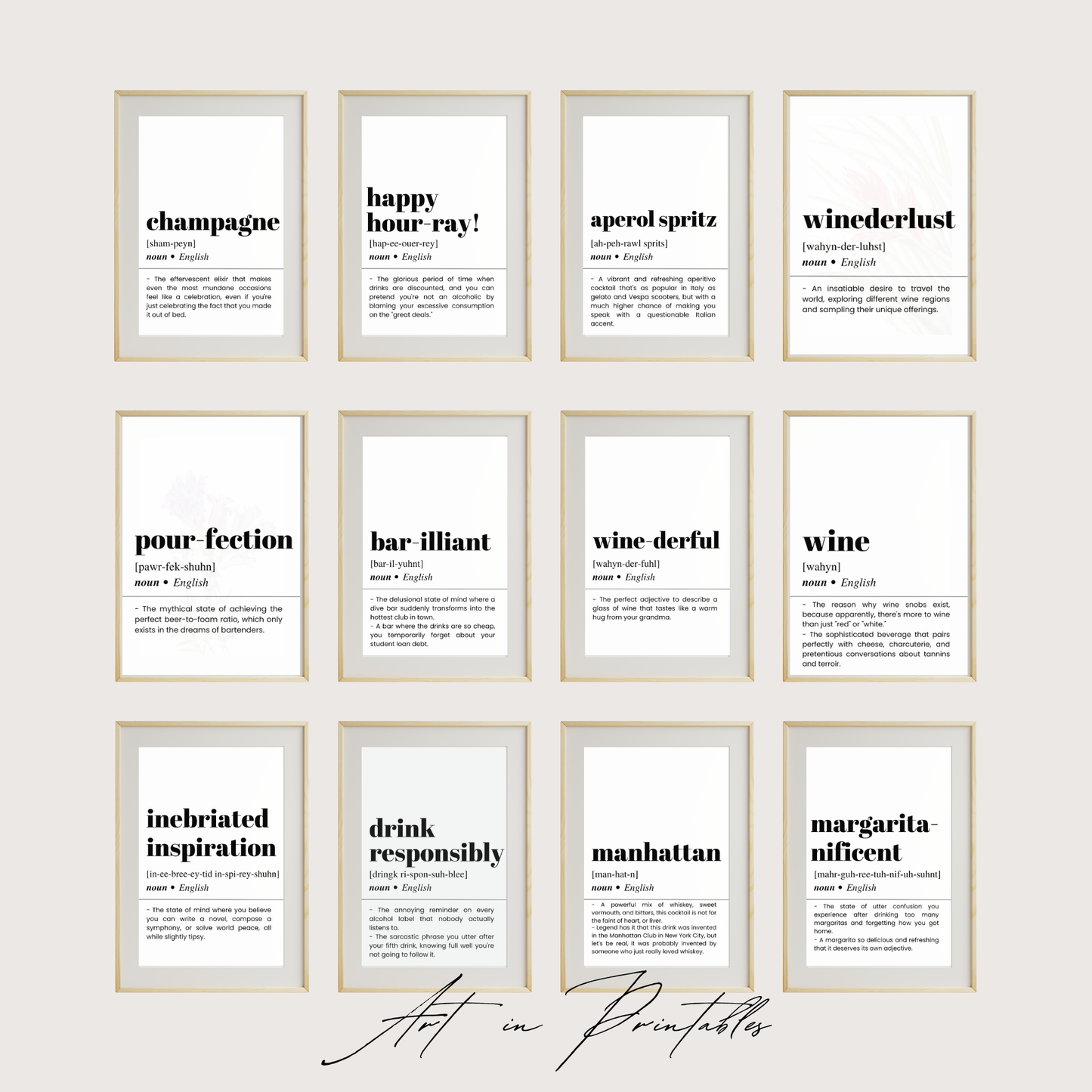 Grid of framed prints with black text on white backgrounds, displayed on a light gray wall.