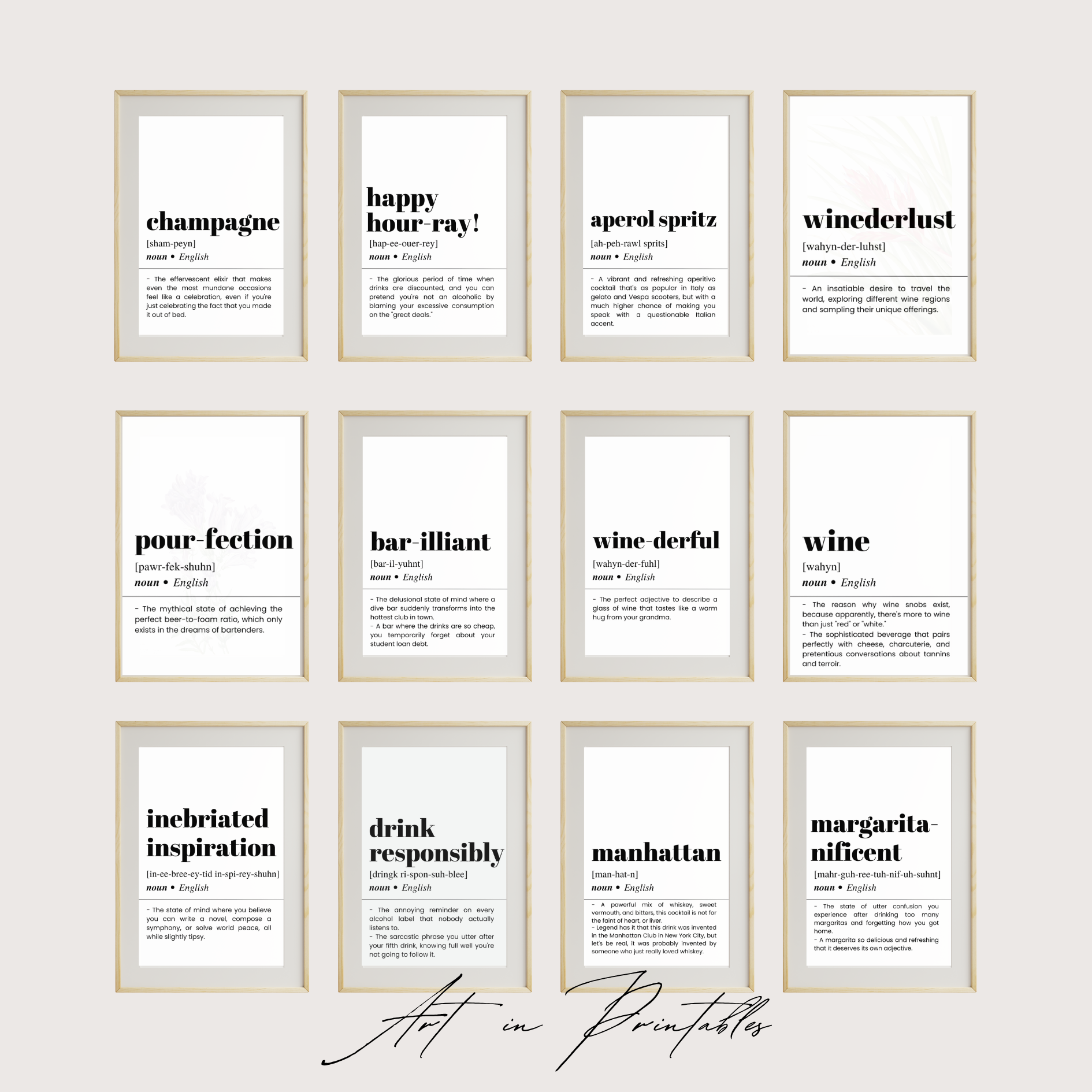Grid of framed prints with black text on white backgrounds, displayed on a light gray wall.