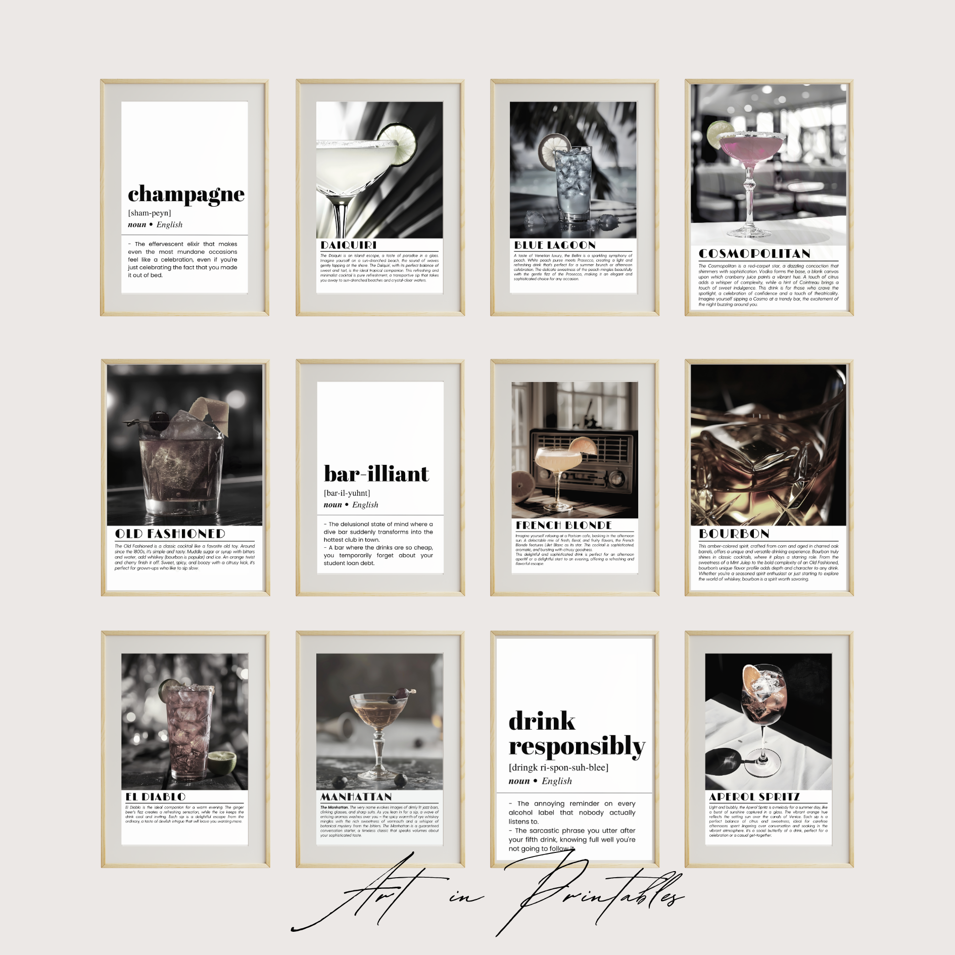 Set of framed cocktail-themed prints on a white wall with 'Art in Printables' branding.