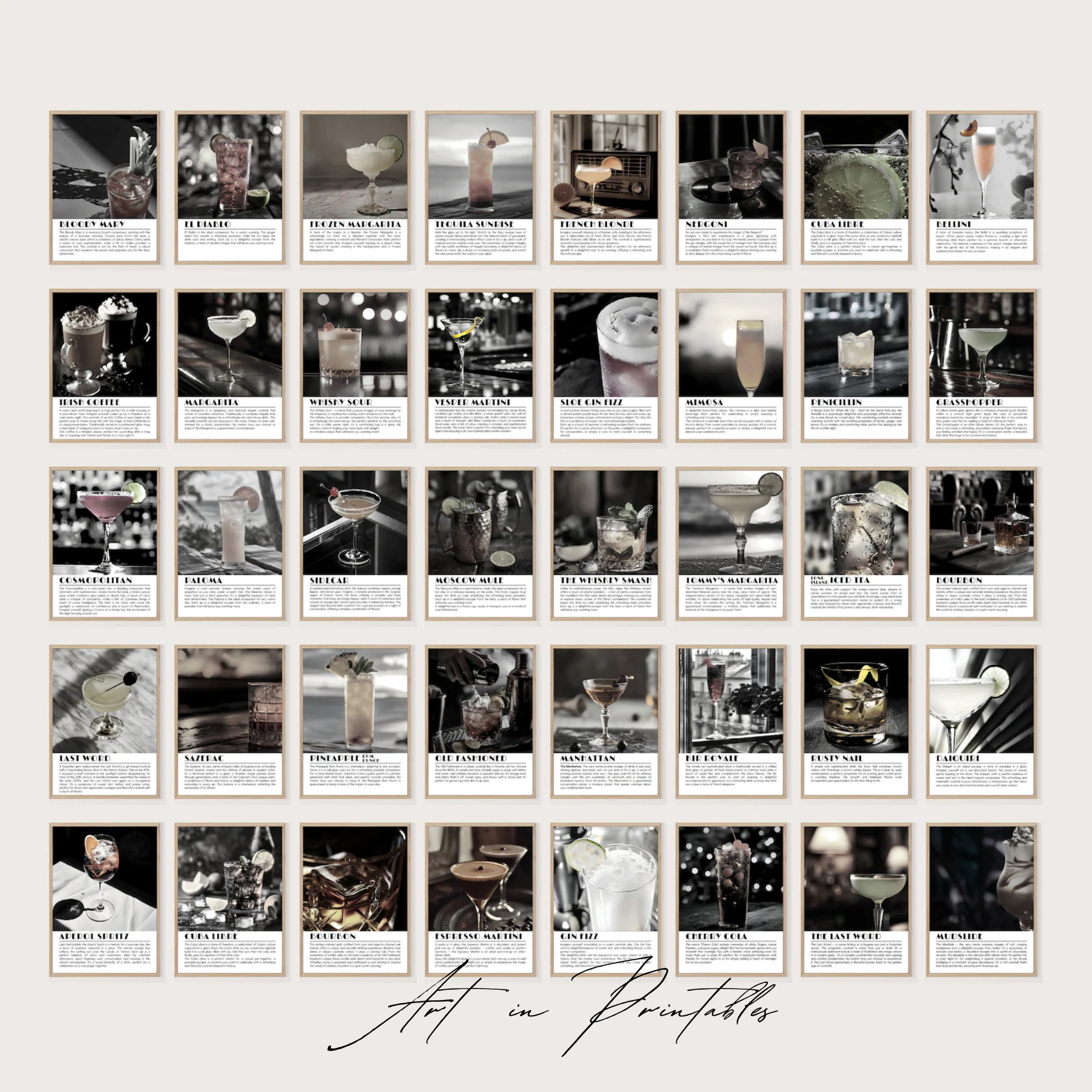 Collection of black and white prints featuring various cocktails and bar scenes, with 'Art in Printables' branding.