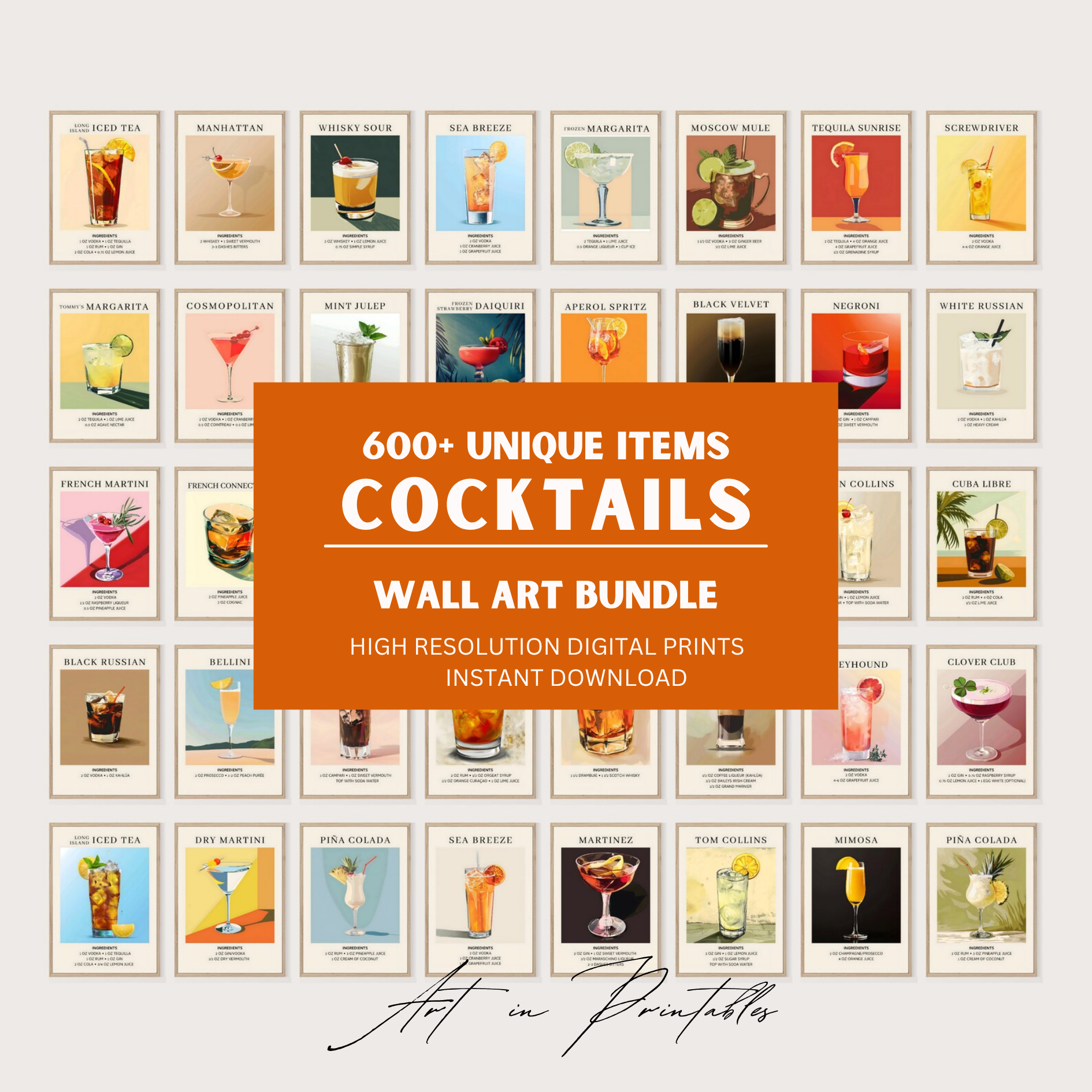 Collection of cocktail illustrations with a promotional banner for a wall art bundle.