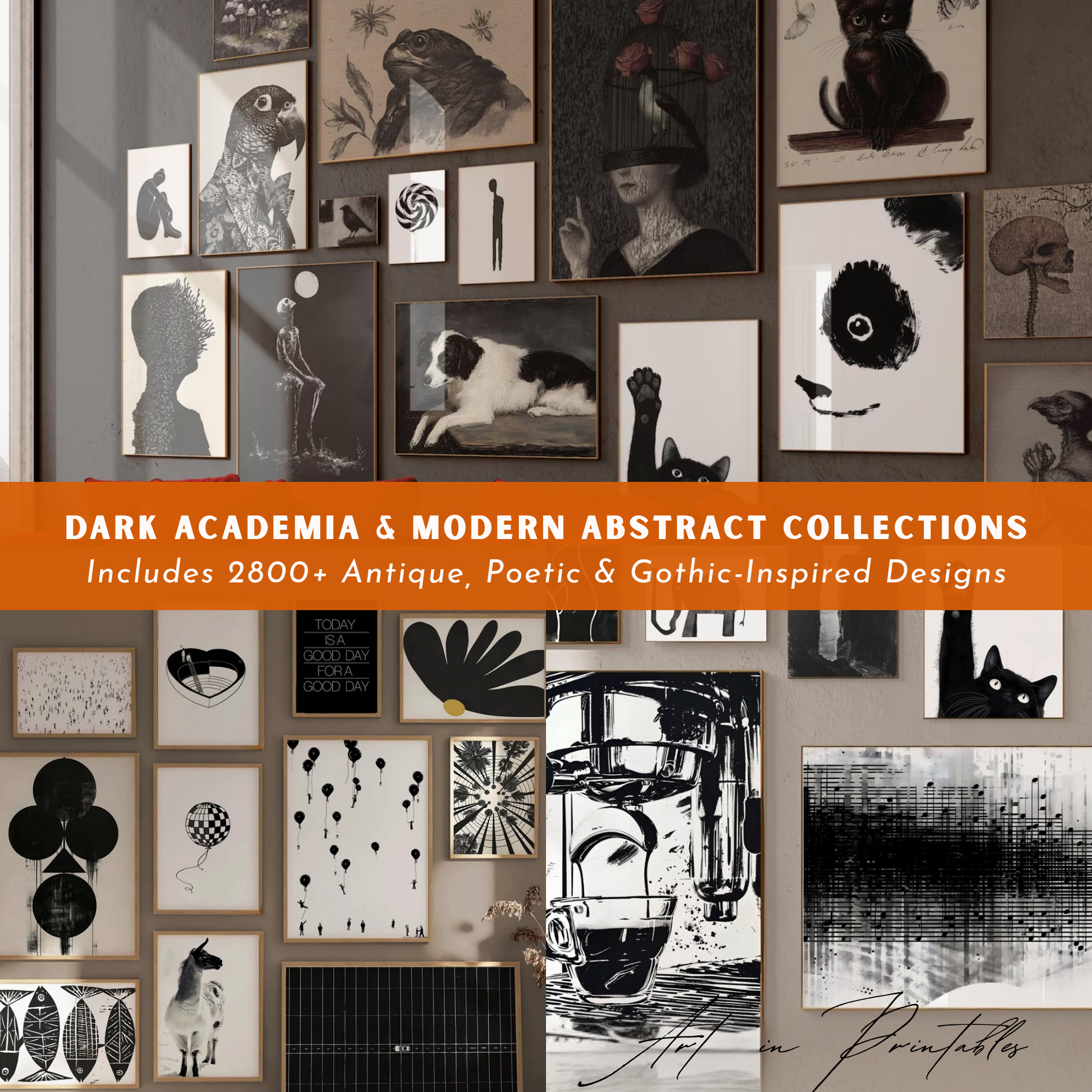 Collage of framed art prints with a dark academia and modern abstract theme.