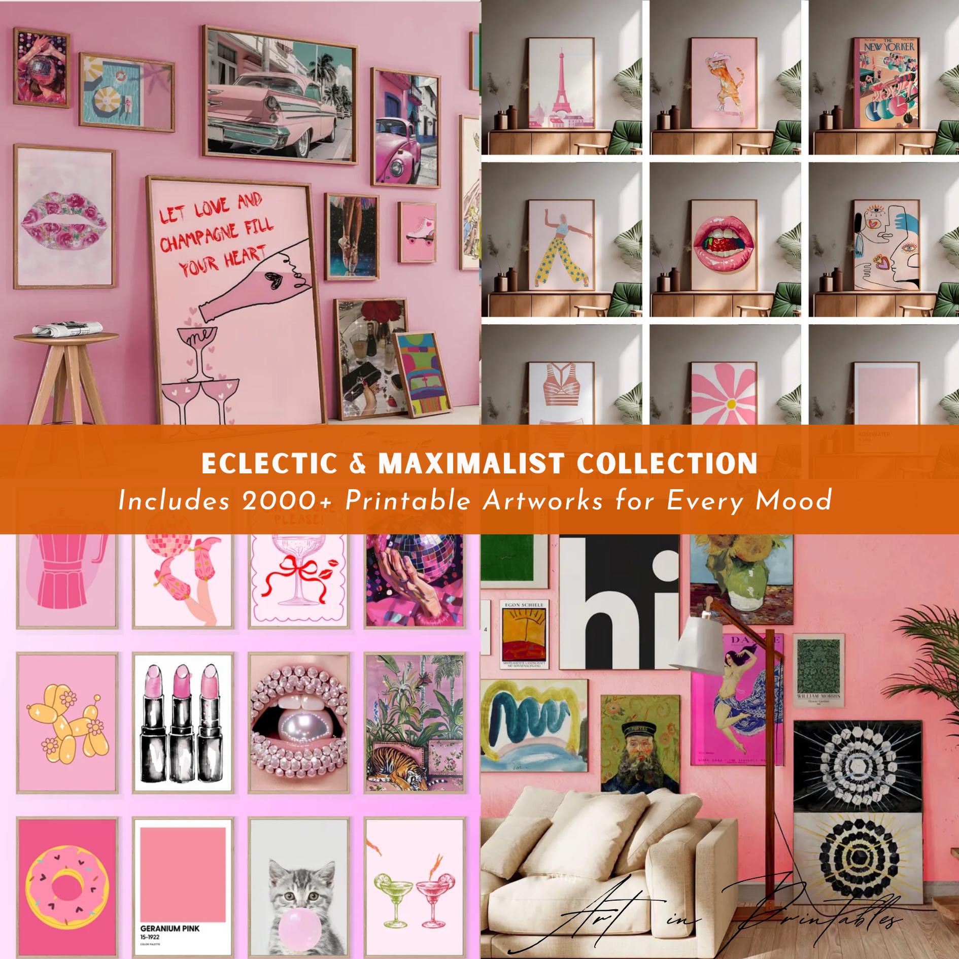 Collage of various art prints on a pink wall with an orange banner at the bottom.