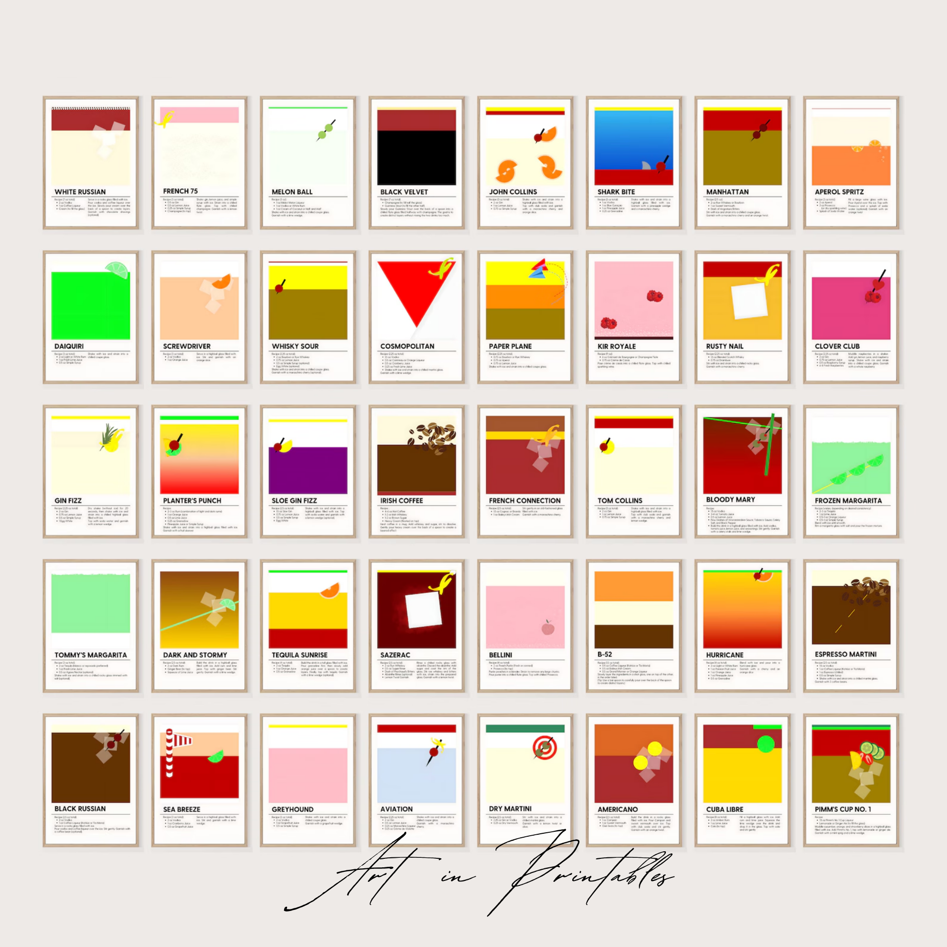Collection of colorful drink posters arranged in a grid on a white background.