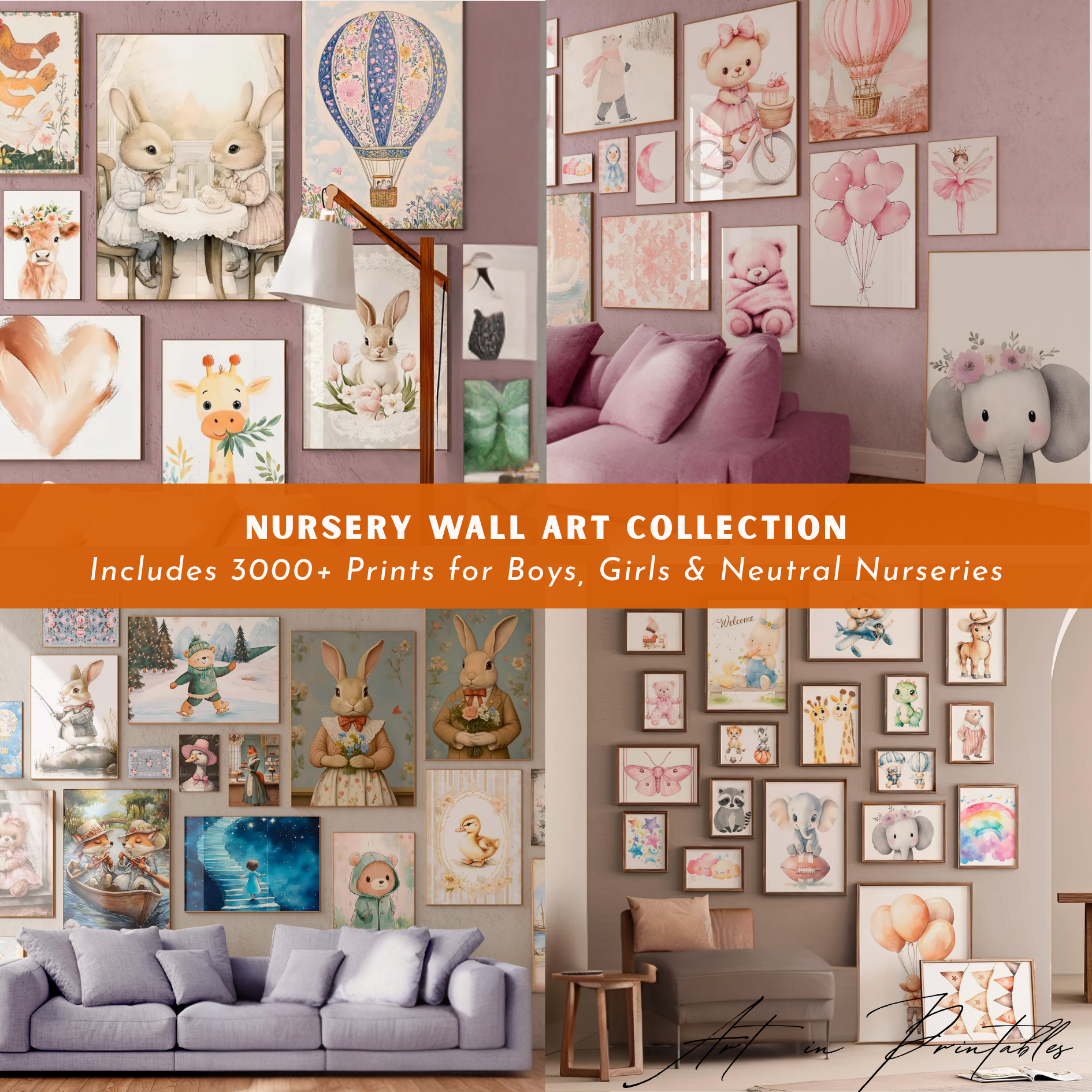 Collage of nursery wall art collection with various animal-themed prints on a wall.