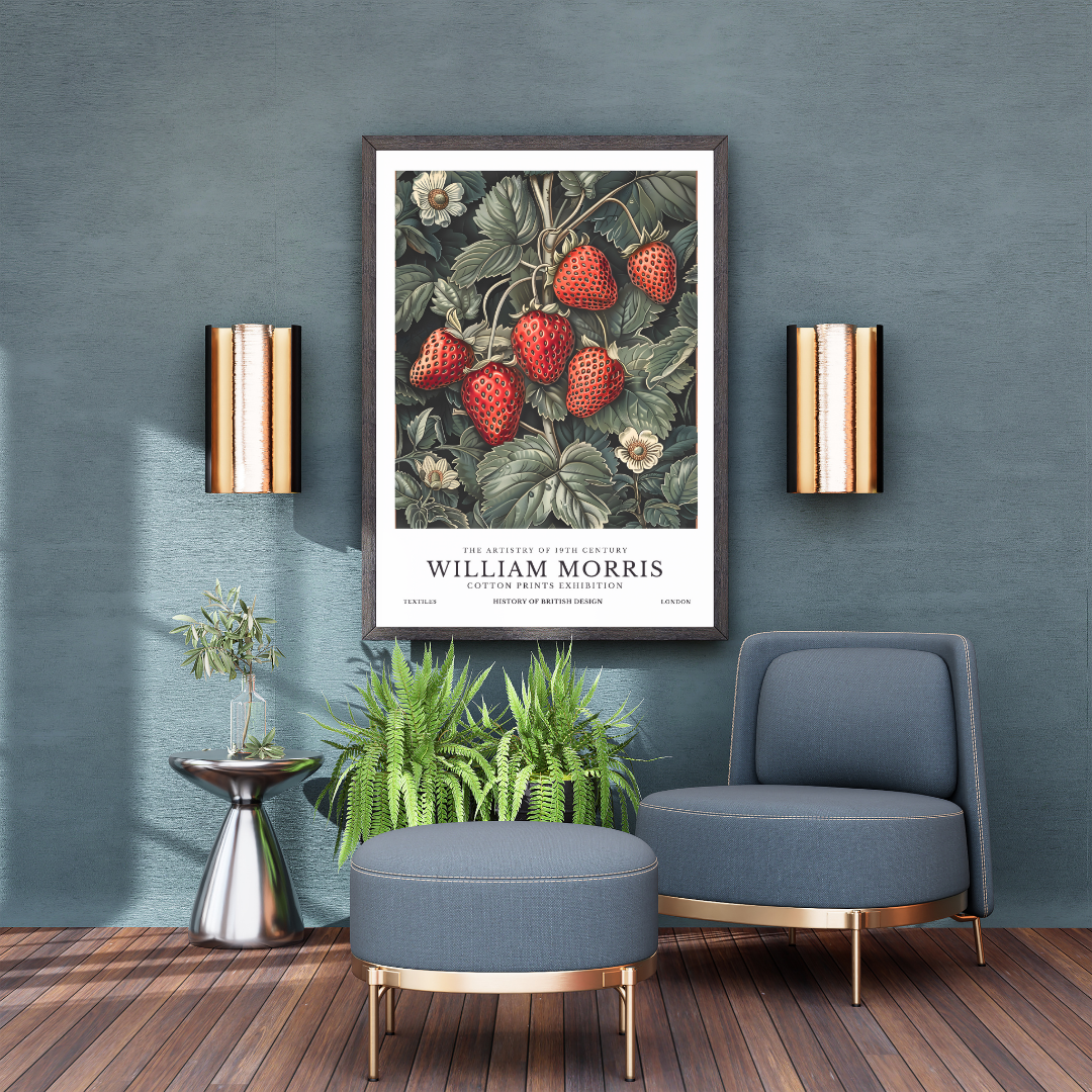 Living room with a blue armchair, ottoman, and framed botanical print on a gray wall.