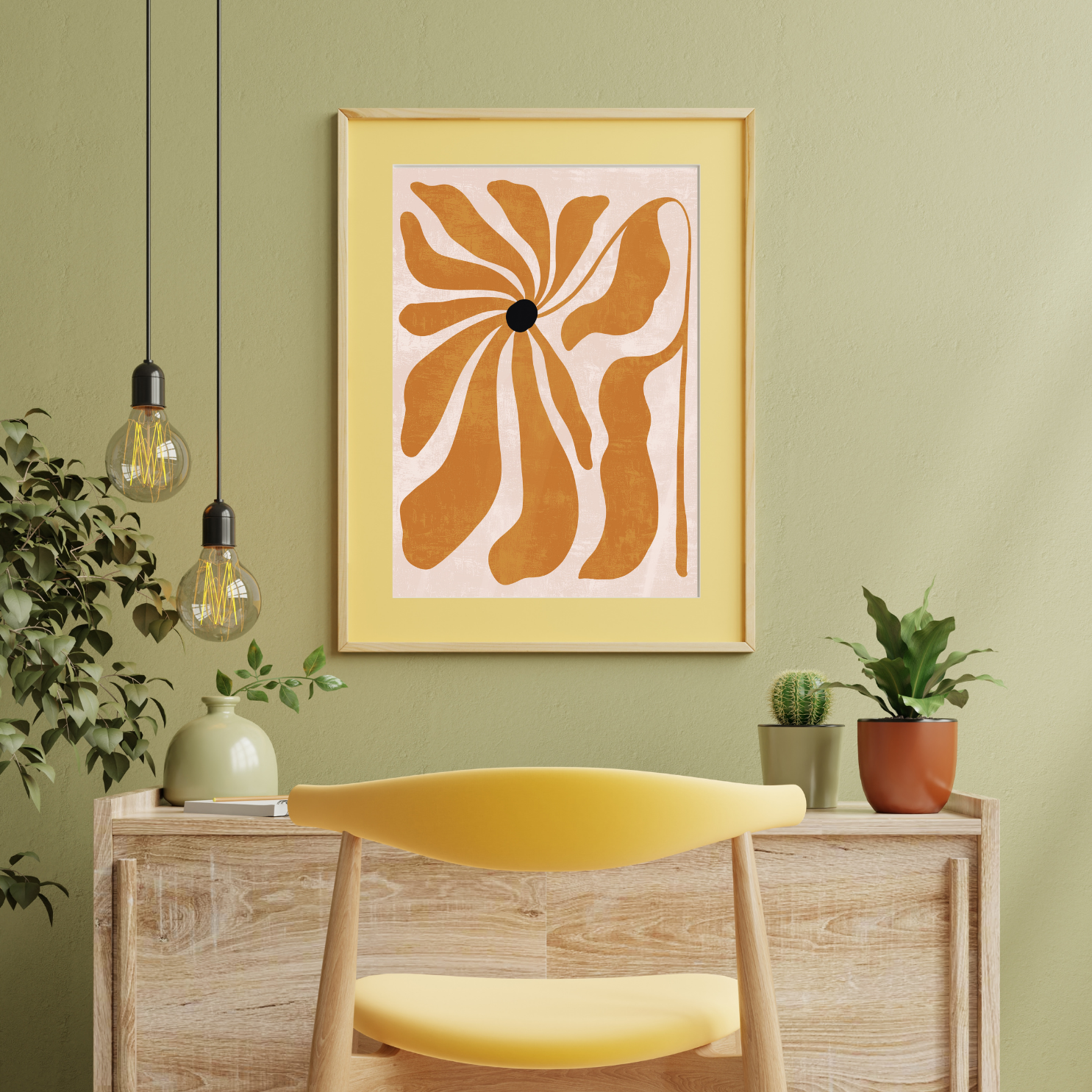 Room interior with a yellow chair, wooden cabinet, and abstract wall art.