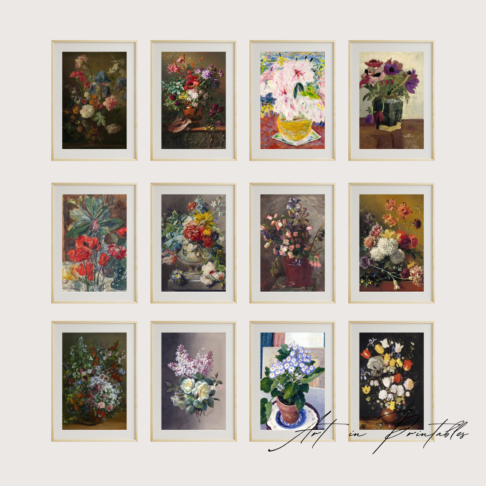 Grid of framed floral prints on a white wall