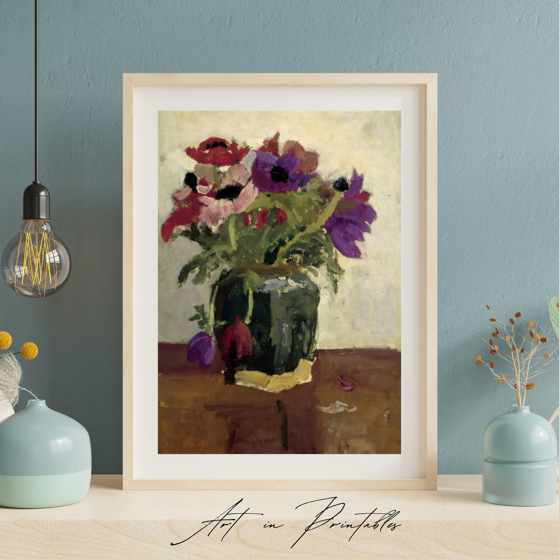 Framed painting of flowers on a wall with decorative vases and a light bulb.