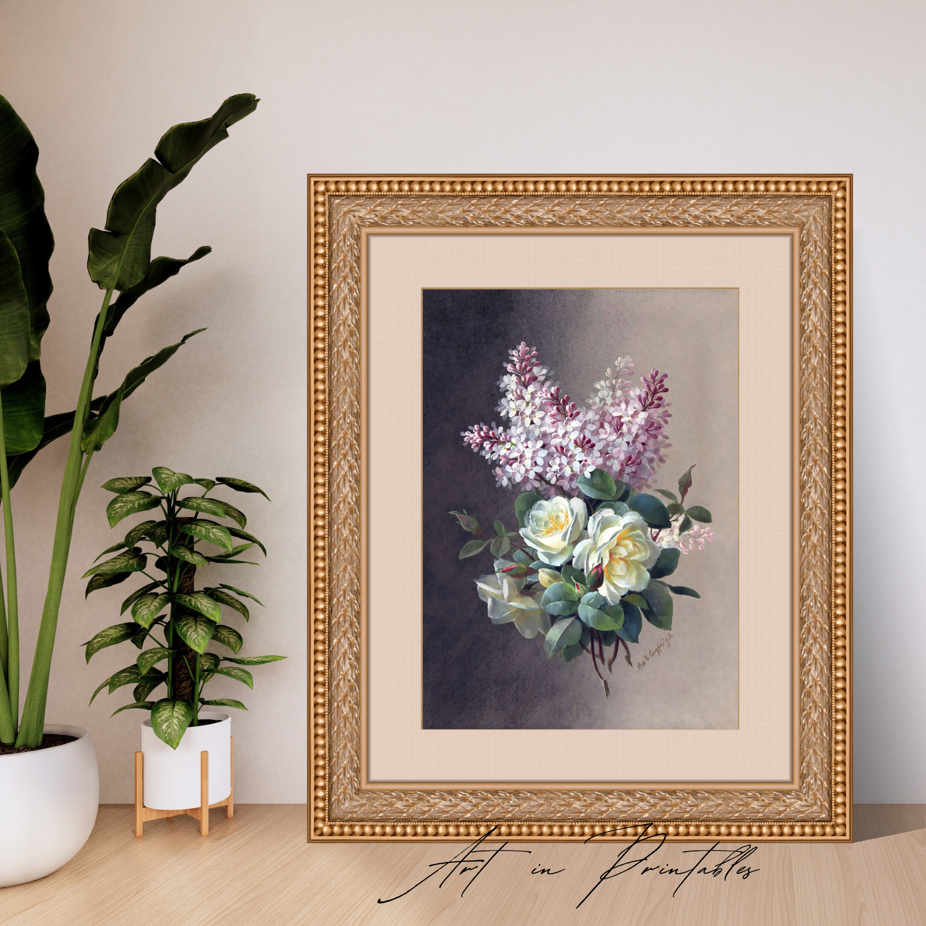 Framed floral artwork on a wall with plants in the background