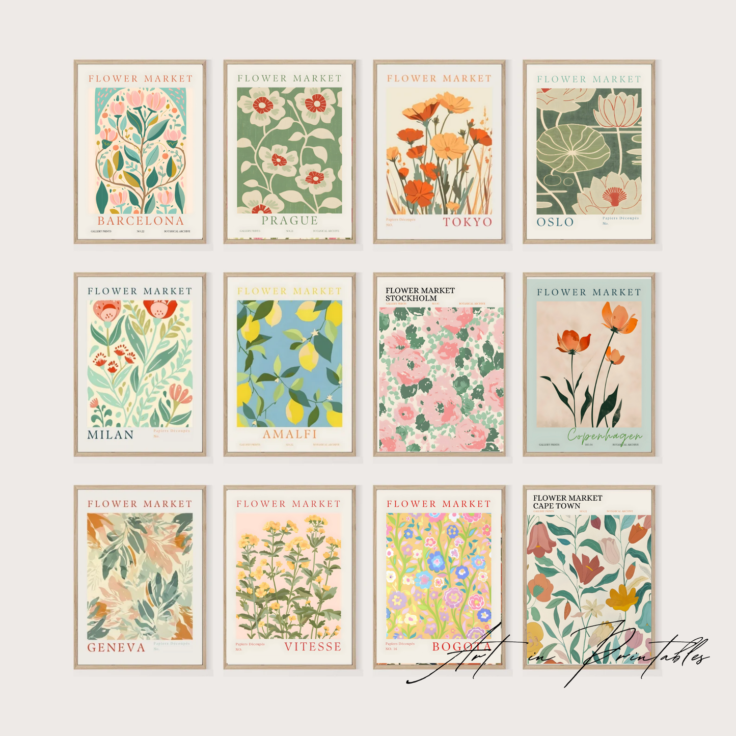 Set of floral posters with various city names on a white background