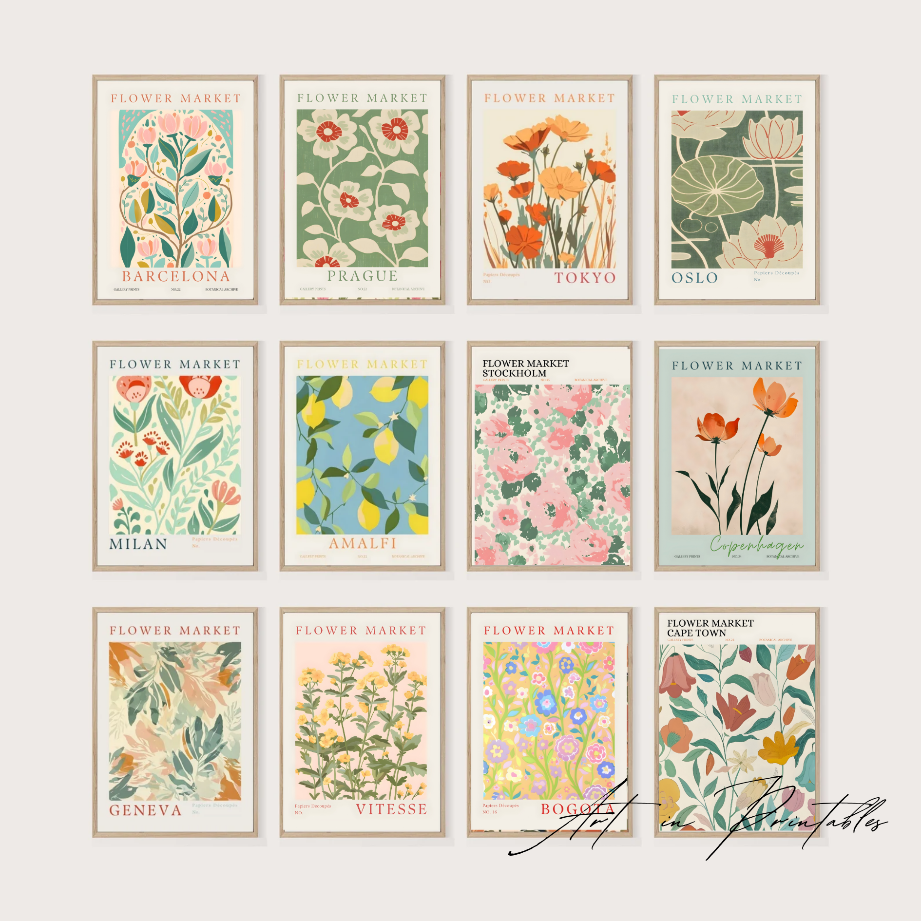 Set of floral posters with various city names on a white background