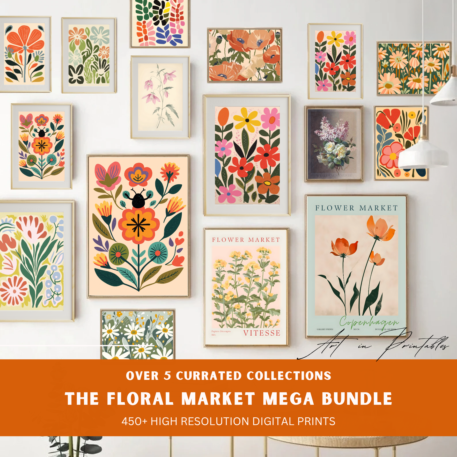 Collection of floral art prints on a wall with promotional text for 'The Floral Market Mega Bundle'.