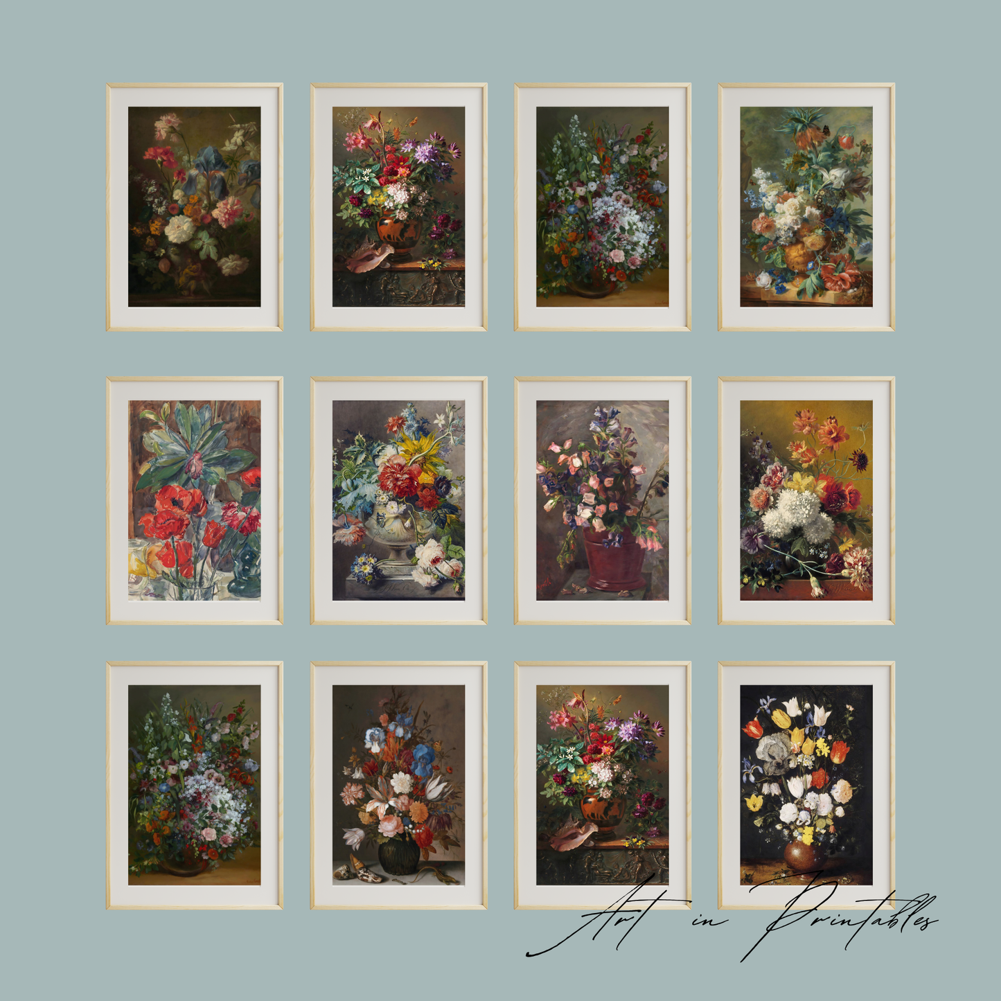 Set of framed floral paintings on a light blue wall