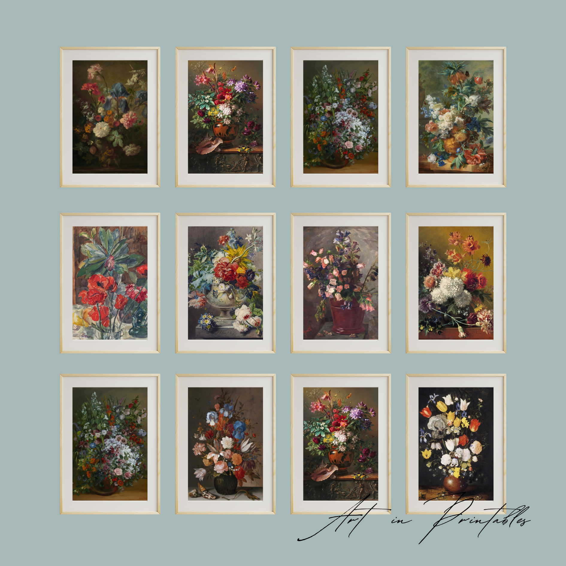 Set of framed floral paintings on a light blue wall