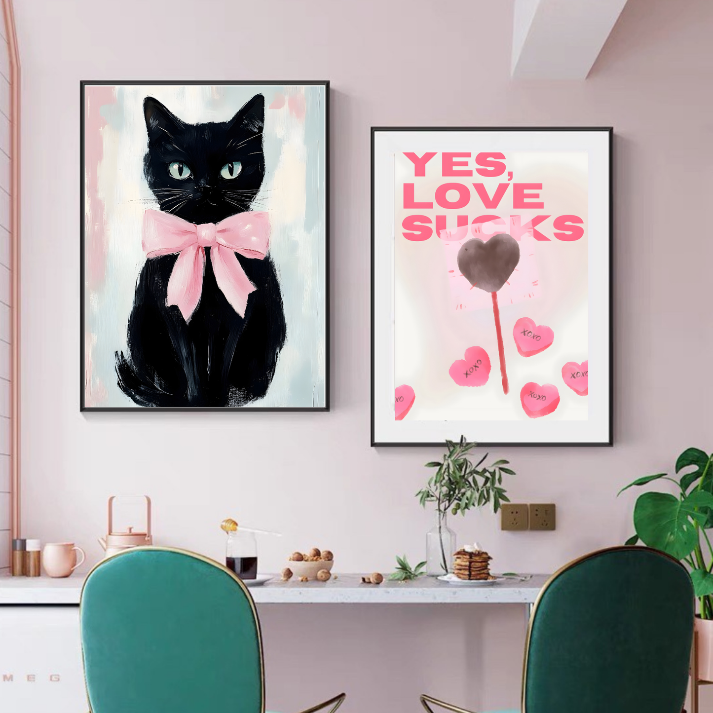 FREE - Digital Wall Art Download – Cat with Pink Bow & Eclectic Love Printable Poster