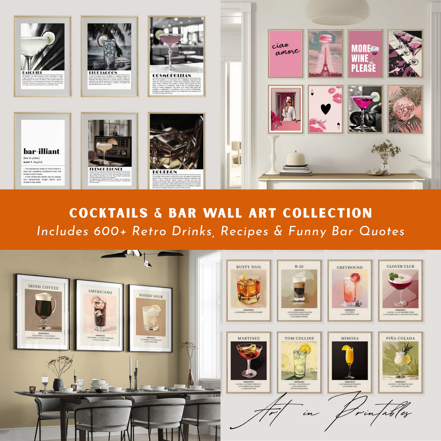 Collection of wall art prints featuring cocktails and bar-themed designs in a home setting.