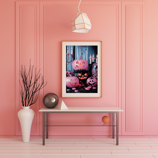Halloween-themed framed picture on a pink wall with decorative elements.